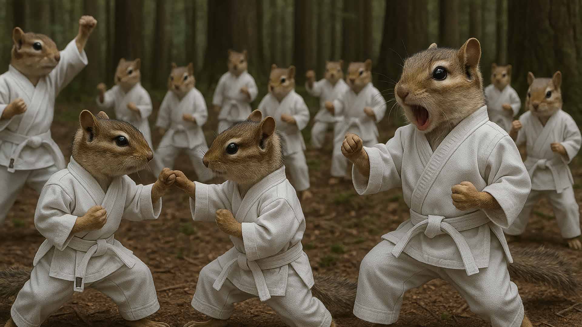 Rows of chipmunks in white martial-arts uniforms holding poses in a forest clearing.